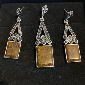 Set Art Deco Silver and Gold Drop Earrings with Geometric Design